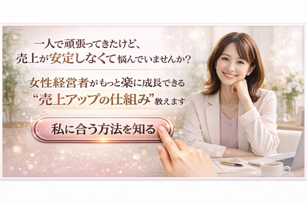 一人で事業を頑張ってきた女性経営者に向けて、売上を安定させ無理なく成長できる仕組みを提案するGrowth Partners Japanの案内バナー
