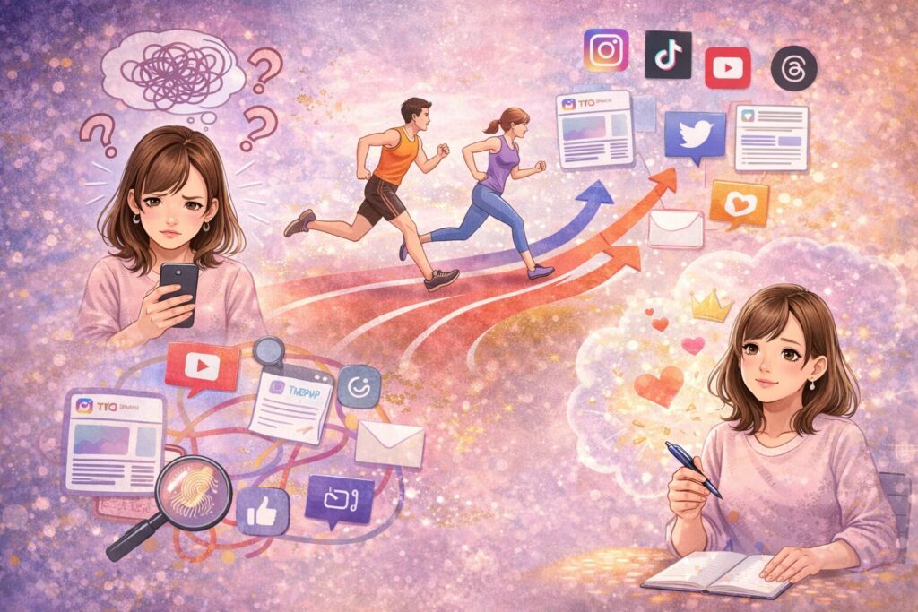 正しい戦略がないままSNS投稿を続け、世界観や導線がバラバラになり本来の魅力や価値を言語化できずに悩む女性経営者の状態を表したイメージ