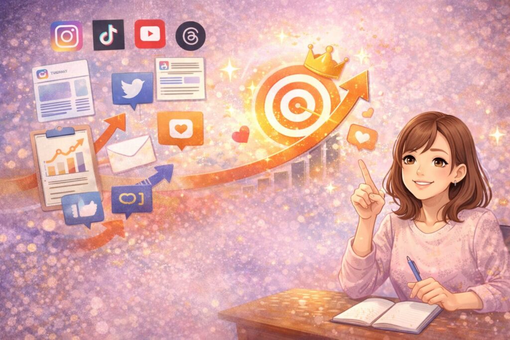 発信の軸が整い、SNS投稿に迷わず取り組めるようになる様子を表したイメージ。目標に向かう導線と発信の流れが視覚化されている。