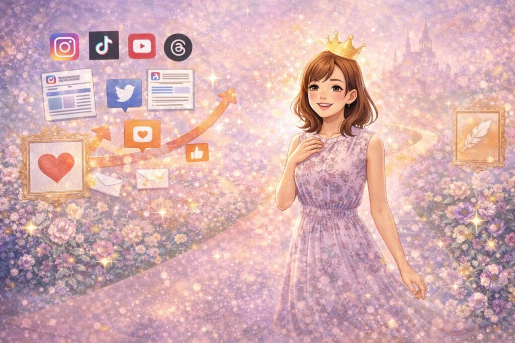 SNSの色・言葉・写真の雰囲気が統一され、世界観が整うことで自然と選ばれる存在になっていく様子を表したイメージ。