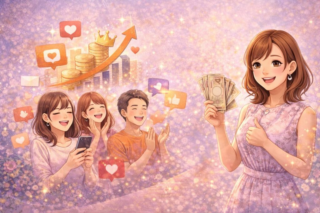 ファンに応援されながら選ばれ、売上と自己肯定感の両方が高まっていくSNS集客の好循環を表したイメージ。