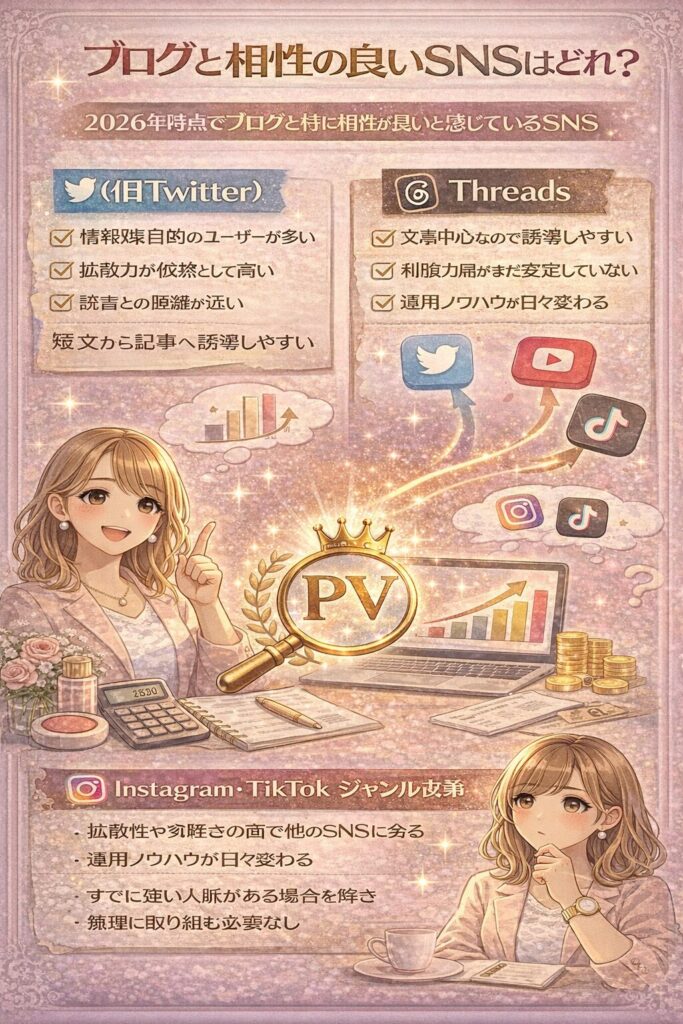 2026年時点でブログと相性の良いSNSを比較し、X（旧Twitter）・Threads・Instagram・TikTokの特徴とPVへの影響を整理した図解イラスト