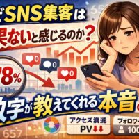 SNS集客が効果ないと感じる理由を数字で解説するイメージ。反応ゼロやPV減少に悩む女性と、アクセス低下やCVR低下を示すグラフが描かれている