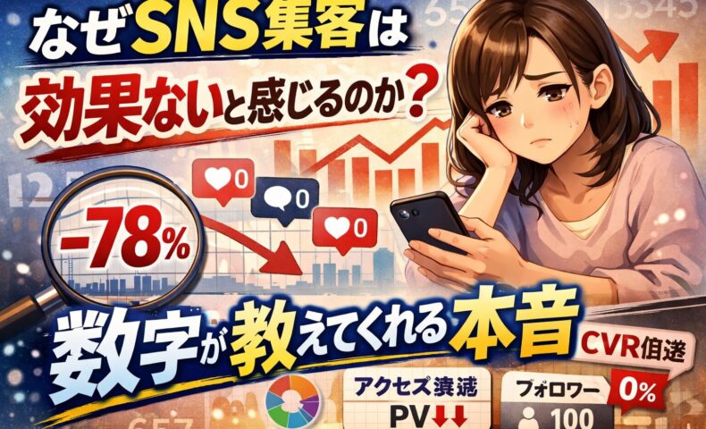 SNS集客が効果ないと感じる理由を数字で解説するイメージ。反応ゼロやPV減少に悩む女性と、アクセス低下やCVR低下を示すグラフが描かれている