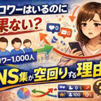 フォロワーはいるのにSNS集客が効果ないと悩む女性と、反応ゼロの数字やフォロワー数1000人を示したイメージ