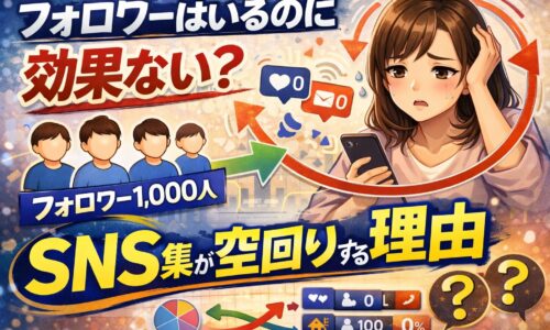 フォロワーはいるのにSNS集客が効果ないと悩む女性と、反応ゼロの数字やフォロワー数1000人を示したイメージ