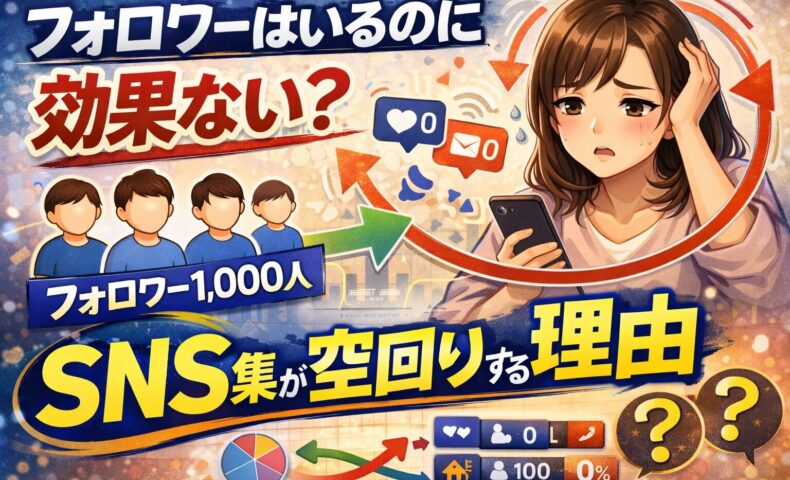 フォロワーはいるのにSNS集客が効果ないと悩む女性と、反応ゼロの数字やフォロワー数1000人を示したイメージ