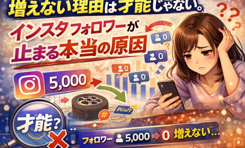 インスタ フォロワー 増えない原因を解説するイメージ。フォロワー5,000人いても伸び悩み、才能ではなく構造が原因であることを示している図解ビジュアル。