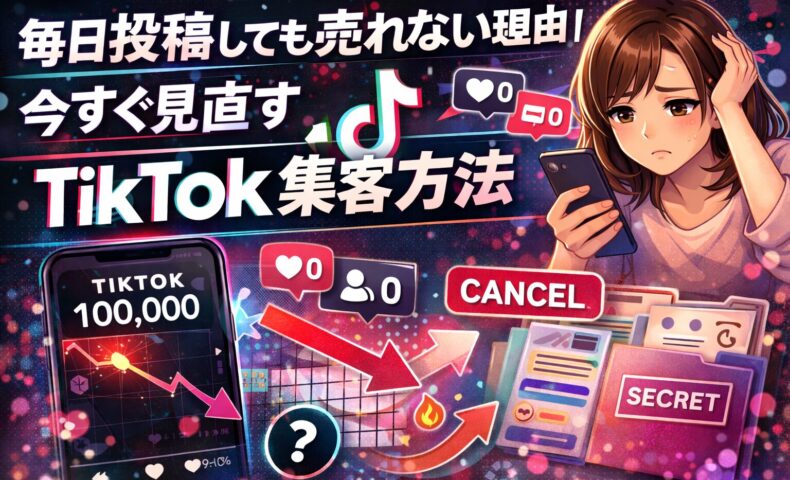 毎日投稿しても売れない理由を解説するTikTok集客方法のイメージ。再生数やフォロワーは増えているのに売上につながらず悩む女性と、TikTok集客方法を見直す必要性を表現したビジュアル