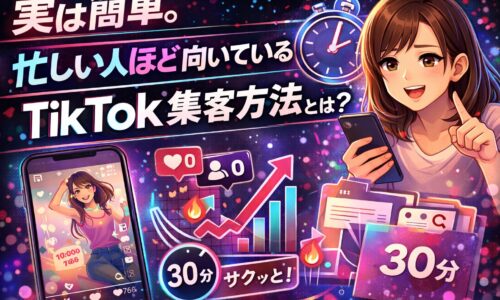 忙しい人ほど向いているTikTok集客方法を解説するイメージ。短時間でも成果を出せるTikTok集客方法として、スマホを持つ女性と時間効率・成長・集客導線を表現したビジュアル