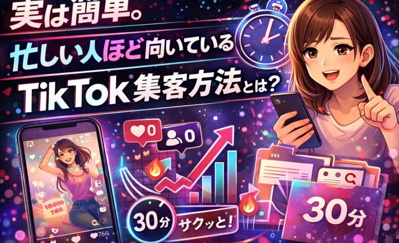 忙しい人ほど向いているTikTok集客方法を解説するイメージ。短時間でも成果を出せるTikTok集客方法として、スマホを持つ女性と時間効率・成長・集客導線を表現したビジュアル