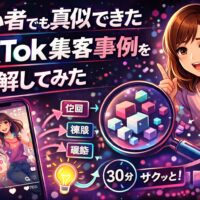 初心者でも真似できたTikTok集客事例を分解するイメージ。TikTok集客事例として、動画投稿・分析・改善ポイントを可視化し、短時間で成果につなげる流れを表現したビジュアル