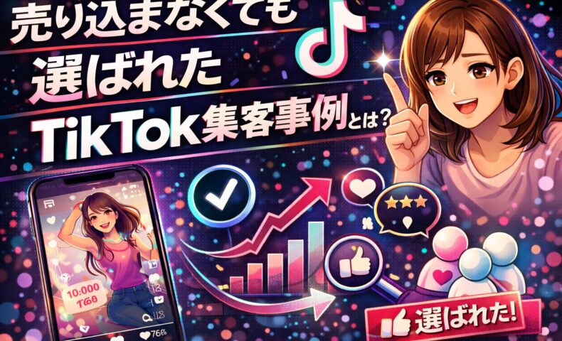 売り込まなくても選ばれたTikTok集客事例を解説するアイキャッチ画像。信頼構築によって自然に選ばれるTikTok集客事例をイメージしたビジュアル。