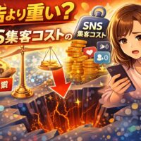 広告より重いSNS集客コストの落とし穴を表現したアイキャッチ画像。広告費とSNS集客コストを天秤で比較し、見えない負担に悩む女性のイメージ。