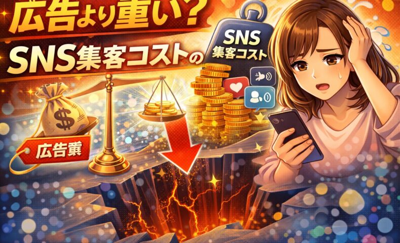 広告より重いSNS集客コストの落とし穴を表現したアイキャッチ画像。広告費とSNS集客コストを天秤で比較し、見えない負担に悩む女性のイメージ。