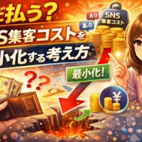 SNS集客コストをまだ払い続けるべきか悩む女性と、コスト最小化を示す矢印やコインのイラスト。SNS集客コストを見直す考え方を表現したアイキャッチ画像。