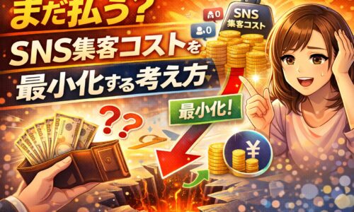 SNS集客コストをまだ払い続けるべきか悩む女性と、コスト最小化を示す矢印やコインのイラスト。SNS集客コストを見直す考え方を表現したアイキャッチ画像。