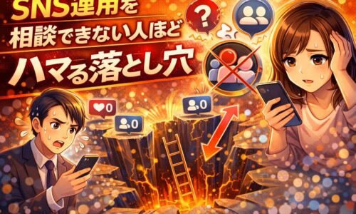 SNS運用を相談できずに悩み、成果が出ない落とし穴にハマる人のイメージ画像