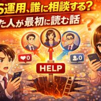 SNS運用の相談先に迷う男女がスマホを見ながら悩み、専門家や相談相手の選択肢が示されているイラスト