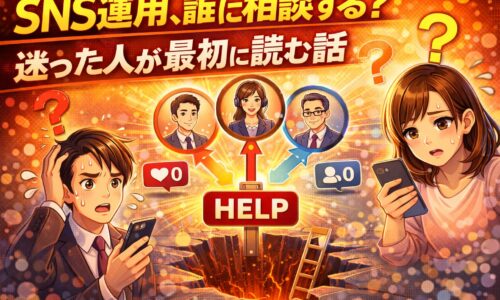 SNS運用の相談先に迷う男女がスマホを見ながら悩み、専門家や相談相手の選択肢が示されているイラスト