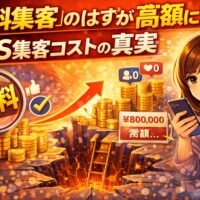 無料集客だと思って始めたSNS集客が高額コストになっている様子を表したイラスト。SNS集客コストの落とし穴と真実を解説する記事用ビジュアル。
