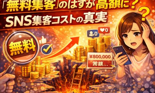 無料集客だと思って始めたSNS集客が高額コストになっている様子を表したイラスト。SNS集客コストの落とし穴と真実を解説する記事用ビジュアル。