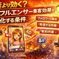 広告より効くかを検証するインフルエンサー集客効果の条件を解説したビジュアル。フォロワーの質、売り込まない内容、契約設計の重要性を示している。