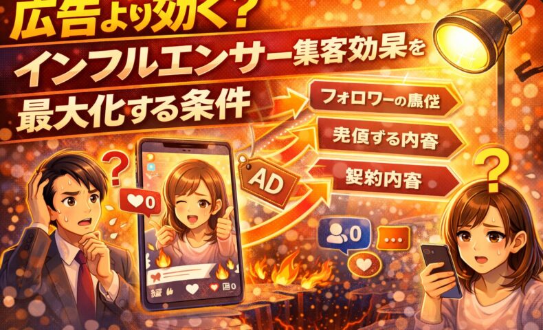 広告より効くかを検証するインフルエンサー集客効果の条件を解説したビジュアル。フォロワーの質、売り込まない内容、契約設計の重要性を示している。