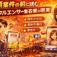 高額案件の前に知るべきインフルエンサー集客効果の現実を表現したイラスト。契約書と費用に悩む人物と、反応ゼロ・契約不履行などインフルエンサー集客効果の落とし穴を示している。