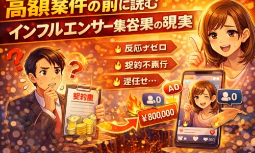高額案件の前に知るべきインフルエンサー集客効果の現実を表現したイラスト。契約書と費用に悩む人物と、反応ゼロ・契約不履行などインフルエンサー集客効果の落とし穴を示している。