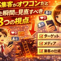 SNS集客がオワコンだと感じた時に見直すべき3つの視点を解説するイラスト。反応が減り悩む男女と、ターゲット・メディア・集客の仕組みを示すチェック項目が描かれている。