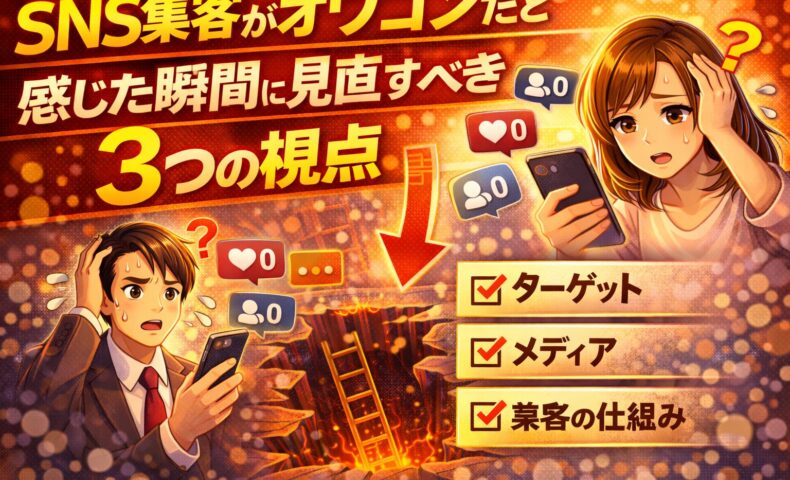 SNS集客がオワコンだと感じた時に見直すべき3つの視点を解説するイラスト。反応が減り悩む男女と、ターゲット・メディア・集客の仕組みを示すチェック項目が描かれている。