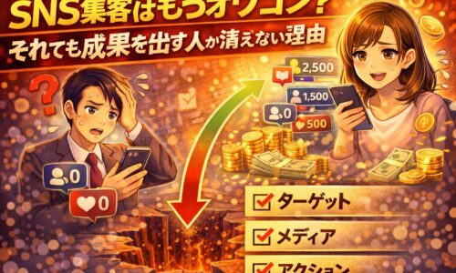 SNS集客がオワコンと感じた人と成果を出し続ける人の違いを、ターゲット・メディア・アクションの視点で比較した図解イメージ