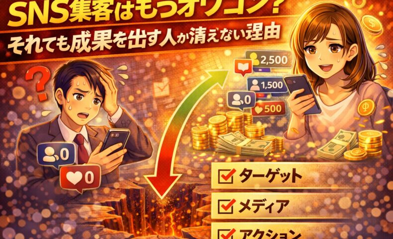 SNS集客がオワコンと感じた人と成果を出し続ける人の違いを、ターゲット・メディア・アクションの視点で比較した図解イメージ