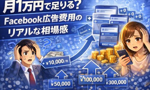 月1万円で足りるのか悩む人と、Facebook広告費用を理解して成果を出す人を対比したイラスト。広告予算別の金額と広告配信のイメージが描かれている。