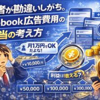 初心者が勘違いしがちなFacebook広告費用の考え方を示したイラスト。月1万円で足りるのか悩む男女と、広告費50,000円・100,000円・300,000円の比較、利益視点の重要性を表現。