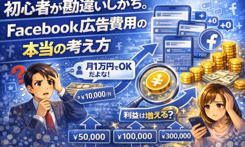 初心者が勘違いしがちなFacebook広告費用の考え方を示したイラスト。月1万円で足りるのか悩む男女と、広告費50,000円・100,000円・300,000円の比較、利益視点の重要性を表現。