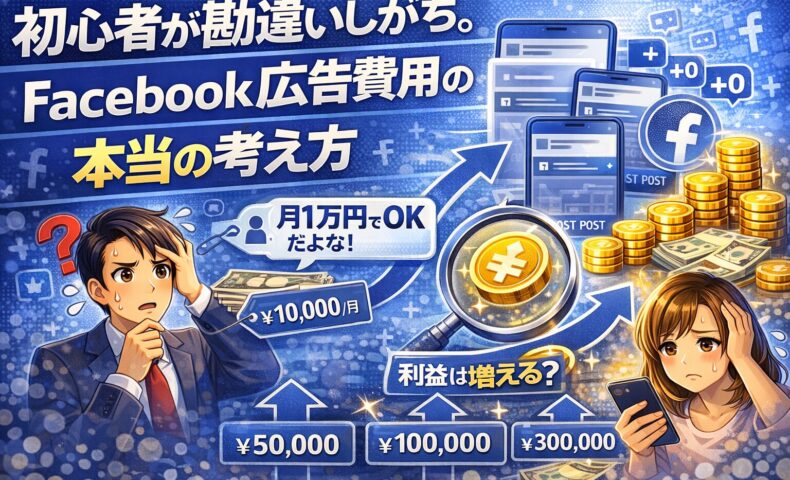 初心者が勘違いしがちなFacebook広告費用の考え方を示したイラスト。月1万円で足りるのか悩む男女と、広告費50,000円・100,000円・300,000円の比較、利益視点の重要性を表現。