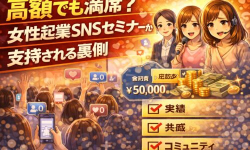 高額でも満席になる女性起業SNSセミナーの様子と、支持される理由を示すイメージ