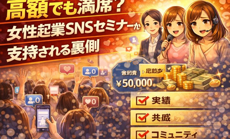 高額でも満席になる女性起業SNSセミナーの様子と、支持される理由を示すイメージ