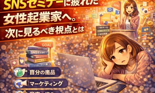SNSセミナーに疲れた女性起業家が、次に見るべき視点として自分の商品やマーケティングを見直すイメージ