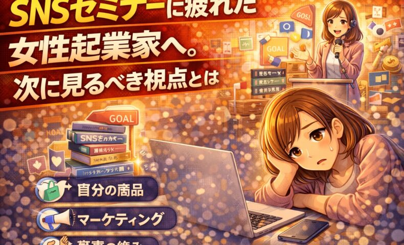 SNSセミナーに疲れた女性起業家が、次に見るべき視点として自分の商品やマーケティングを見直すイメージ