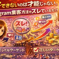 Instagram集客方法がズレていることで成果が出ない様子と、正しいターゲット設定で集客と売上が伸びる対比を示したイラスト