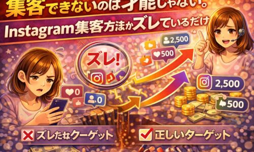 Instagram集客方法がズレていることで成果が出ない様子と、正しいターゲット設定で集客と売上が伸びる対比を示したイラスト