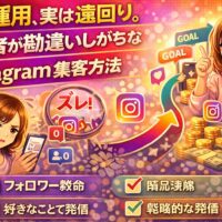 Instagram 集客 方法で初心者が勘違いしがちな遠回りな運用と、正しい集客導線を比較して解説した図解イメージ