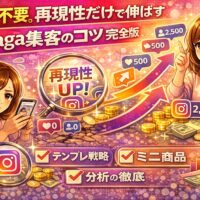 才能不要で再現性だけで伸ばすインスタ集客コツを図解で解説したイメージ。インスタ集客コツとして、テンプレ戦略・分析・ミニ商品化の流れを表現しているビジュアル。