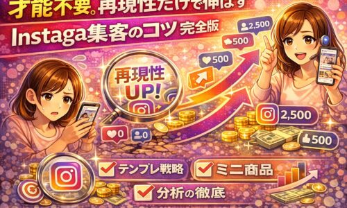 才能不要で再現性だけで伸ばすインスタ集客コツを図解で解説したイメージ。インスタ集客コツとして、テンプレ戦略・分析・ミニ商品化の流れを表現しているビジュアル。