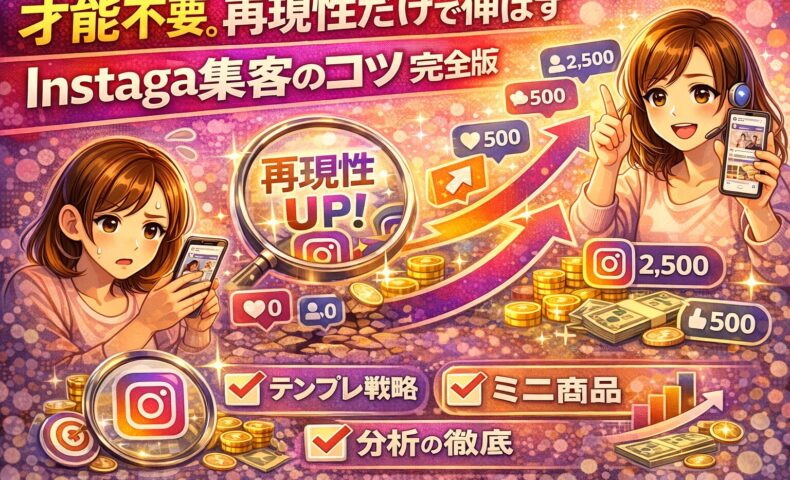 才能不要で再現性だけで伸ばすインスタ集客コツを図解で解説したイメージ。インスタ集客コツとして、テンプレ戦略・分析・ミニ商品化の流れを表現しているビジュアル。