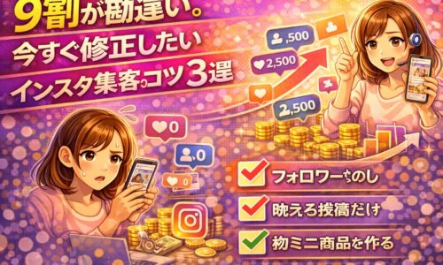 インスタ集客のコツで9割が勘違いしやすいポイントを修正し、フォロワー数と反応を伸ばす考え方を解説したイラス