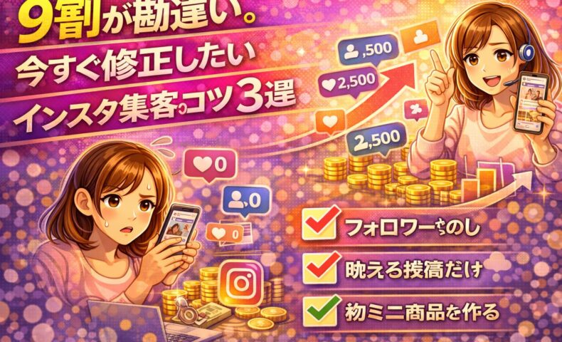 インスタ集客のコツで9割が勘違いしやすいポイントを修正し、フォロワー数と反応を伸ばす考え方を解説したイラス
